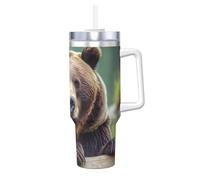 FodPand 40oz Tumbler with Handle and Straw - Grizzly bear Coffee Mug Double Wall Insulated Water Bottle Car Cup Stainless Steel Travel Mug, Keeps Cold for 34 Hours or Hot for 10 Hours
