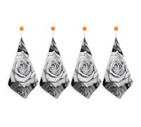 FodPand 4PCS Microfiber Hand Towels, 11x11 Inch Quick Drying & Highly Absorbent Black White Rose Kitchen Towel with Hanging Loop, Lint Free Dish Towels for Bathroom & Kitchen