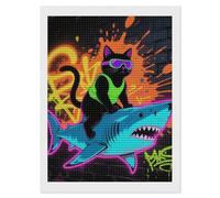 FodPand 5D Diamond Painting Kit for Adults - Blacklight Cat Riding Shark Full Round Drill DIY Diamond Art with Sparkling Gems - Complete Set for Beginners, Unique Wall Decor Gift 12"x16"