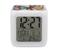 FodPand 7 Color LED Digital Alarm Clock Cube Bedside Clock with Temperature Display Snooze & Night Light Battery-Powered Butterfly and Tiger Wake Up Clocks 3.1" Dimmable Lamp for Bedroom Dorm Decor