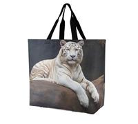 FodPand Albino Tiger Sitting on Rock Animal Reusable Grocery Bag with Pockets And Handle Lightweight Durable Shopping Bags Large Size Bag for Groceries Travel And Everyday Use 15.7x15.7x6.3 in