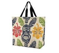 FodPand Aloha Tiki Pattern Reusable Grocery Bag with Pockets And Handle Lightweight Durable Shopping Bags Large Size Bag for Groceries Travel And Everyday Use 15.7x15.7x6.3 in