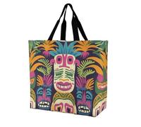 FodPand Aloha Tiki Pattern1 Reusable Grocery Bag with Pockets And Handle Lightweight Durable Shopping Bags Large Size Bag for Groceries Travel And Everyday Use 15.7x15.7x6.3 in