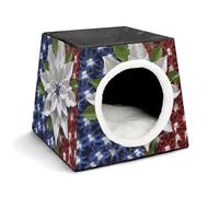FODPAND America Patriotic Flower Cat Bed Cave for Small Dog Cat House 3-in-1 Foldable Cats Beds with Removable Washable Cushioned Pillow Covered Cave Pet Tents with Non-Slip Bottom