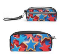 FodPand American Blue Red Stars Pencil Pouch Mini Makeup Bag with Handle - 7.8x3.9x2.1 Inches Durable Waterproof PU Leather, Large Capacity Portable Pencil Case for Office, Travel