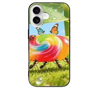 FodPand Ants Carrying Candy Phone Case for iPhone 16 Tempered Glass Hard Phone Protective Cover Anti-Scratch Shockproof Minimalist Aesthetic Case for Women & Men Black
