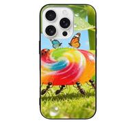 FodPand Ants Carrying Candy Phone Case for iPhone 16 Tempered Glass Hard Phone Protective Cover Anti-Scratch Shockproof Minimalist Aesthetic Case for Women & Men Black