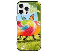 FodPand Ants Carrying Candy Phone Case for iPhone 16 Tempered Glass Hard Phone Protective Cover Anti-Scratch Shockproof Minimalist Aesthetic Case for Women & Men Black