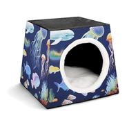 FODPAND Aquatic Sea Animal Cat Bed Cave for Small Dog Cat House 3-in-1 Foldable Cats Beds with Removable Washable Cushioned Pillow Covered Cave Pet Tents with Non-Slip Bottom