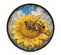 FodPand Bee Sunflower Disc Silent Non-Ticking Wall Clock 10 Inch Modern Round Clock for Living Room, Kitchen, Bedroom, Office, Decorative Clocks with Easy Read Numbers