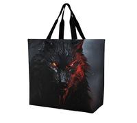 FodPand Big Black Wolf with Red Eyes Reusable Grocery Bag with Pockets And Handle Lightweight Durable Shopping Bags Large Size Bag for Groceries Travel And Everyday Use 15.7x15.7x6.3 in