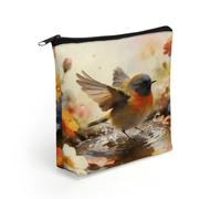 FodPand Bird Bathing Flowers Makeup Bag with Sturdy Zipper，Linen Material Storage Bag,Large Capacity And Multi-Purpose Cosmetic Bag for Daily Life, Travel, Outings, Business Trips And Other Occasions