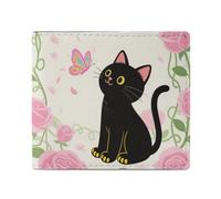 FodPand Black Cat And Flowers Bifold Wallet for Men Women, 4.3"x3.7" Compact Leather Wallet with ID Window & Coin Pocket, Slim Minimalist Card Holder for Daily Carry & Travel