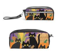 FodPand Black Cat Halloween Pumpkin Pencil Pouch Mini Makeup Bag with Handle - 7.8x3.9x2.1 Inches Durable Waterproof PU Leather, Large Capacity Portable Pencil Case for Office, Travel