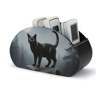 FodPand Black Cat Remote Control Holder, PU Leather Storage Box with 5 Compartments for TV, DVD Remotes, Multifunctional TV Remote Caddy for Living Room, Bedroom, Office