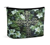 FodPand Black Cross Among Green Flowers Toiletry Bag Large Capacity Makeup Bag Travel Makeup Pouch Mini Cosmetic Bags Zipper Make Up Storage Pouch Make Up Organizer Tool Pouchs