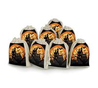 FodPand Black Tree Owl Pumpkin Head Castle Burlap Bags Small Party Favor Gift Bag Cotton Linen Drawstring Bag Muslin Sachet Bags Linen Jewelry Pouches Hemp Bunches Pocket for Daily Storage 8 Pack