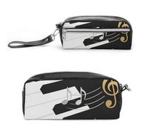 FodPand Black White Music Pencil Pouch Mini Makeup Bag with Handle - 7.8x3.9x2.1 Inches Durable Waterproof PU Leather, Large Capacity Portable Pencil Case for Office, Travel
