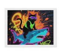 FodPand Blacklight Cat Riding Shark Diamond Painting Kit for Adults 5D DIY Diamond Art with Sparkling Gems Round Drill Complete Set Paintings for Beginners Unique Wall Decor Gift 12"x16"