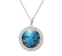 FodPand Blue Ocean Underwater Fish Necklace Round Coin Pendant Fashion Diamond Necklaces Charm Jewelry Necklace Disk Dainty Necklaces Jewelry Alloy Chain for Women Daily Wear & Gift
