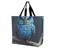 FodPand Blue Owl Reusable Grocery Bag with Pockets And Handle Lightweight Durable Shopping Bags Large Size Bag for Groceries Travel And Everyday Use 15.7x15.7x6.3 in