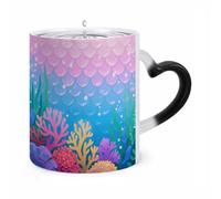FodPand Blue Pink Mermaid Scales Color Changing Mug 11oz, Heat Sensitive Coffee Mug Reveals Pattern with Hot Liquid, Ceramic Novelty Coffee Cup with Heart Shaped Handle, Funny Gift
