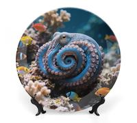 FodPand Blue-Ringed Octopus Bone China Decorative Plate with Display Stand, 6inch Porcelain Wall Hanging Plate for Home Office Decor, Elegant Round Ceramic Plates for Home Decor & Gift Idea