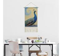 FodPand Boho Wall Decor Elegant Peacock Tapestry 20x10 Cotton Linen Macrame Wall Hanging with Tassels Aesthetic Small Woven Banner Poster for Bedroom Dorm Apartment Renter & Homeowner Friendly