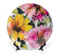 FodPand Bright Floral Print Decorative Plate with Display Stand | Round Bone China Plates Porcelain Wall Hanging Large Plate Personalized Photo Ceramic Dinner Plate Tabletop Art 10inch
