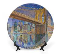FodPand Brooklyn Bridge Dot Lights Bone China Decorative Plate with Display Stand, 7inch Porcelain Wall Hanging Plate for Home Office Decor, Elegant Round Ceramic Plates for Home Decor & Gift Idea