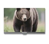 FodPand Business Card Holder Slim Metal, Buckle Closure Aluminum Business Card Case, Brown Bear Walking Professional Name Cards Organizer for Executives, Pocket Cards Wallet for Men & Women