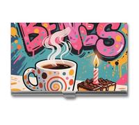 FodPand Business Card Holder Slim Metal, Buckle Closure Aluminum Business Card Case, Doodle Style Coffee Cake Professional Name Cards Organizer for Executives, Pocket Cards Wallet for Men & Women