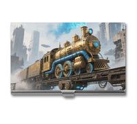 FodPand Business Card Holder Slim Metal, Buckle Closure Aluminum Business Card Case, Lotus Professional Name Cards Organizer for Executives, Pocket Cards Wallet for Men & Women, Old Engine Train, One