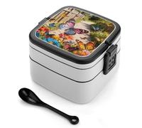 FodPand Butterfly Dance Along The Flower Path Bento Box,2 Stackable Bento Lunch Containers Lunchable Food Container with Utensil Adult Lunch Box for Dining Out, Work, Picnic