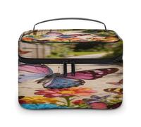 FodPand Butterfly Dance Along The Flower Path Makeup Bag with Makeup Brush Compartment Cosmetic Bag with Handle And Zipper Portable Organizer Bag for Daily, Camping, Traveling, Hotel