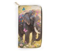 FodPand Butterfly Elephant Wallets for Men Women - PU Leather Zip Around Wallet with 4 Card Slots & 3 Cash Compartments, 7.8 X 4.1 Inch Large Capacity Long Purse for Travel