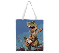 FodPand Canvas Tote Bag with Handles Reusable Dinosaur Playing Guitar Grocery Shopping Bag Carry on Tote Purse Casual Handbag Everyday Shoulder Bags for Office Market Beach Daily Essentials