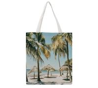 FodPand Canvas Tote Bag with Handles Reusable Palm Trees on The Beach Grocery Shopping Bag Carry on Tote Purse Casual Handbag Everyday Shoulder Bags for Office Market Beach Daily Essentials