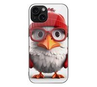 FodPand Cartoon Bird with Glasses Phone Case for iPhone 15 Tempered Glass Hard Phone Protective Cover Anti-Scratch Shockproof Minimalist Aesthetic Case for Women & Men Black
