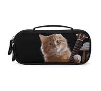 FodPand Cat Playing The Guitar Cosmetic Bag with Handle And Zipper Makeup Brushes Organizer Case PU Leather Toiletry Bag Small Makeup Bags for Travel Or Daily
