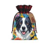 FodPand Christmas Gift Bag with Tags Xmas Gift Wrapping Bags Reusable Drawstring Bags Border Collie Florals Xmas Santa Sack Christmas Party Favor Pouch Small Goody Bag for Holiday Supplies Small