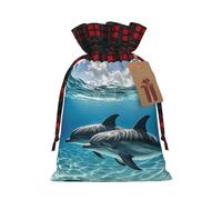 FodPand Christmas Gift Bag with Tags Xmas Gift Wrapping Bags Reusable Drawstring Bags Dolphins In The Sea Xmas Santa Sack Christmas Party Favor Pouch Small Goody Bag for Holiday Supplies Small