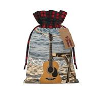 FodPand Christmas Gift Bag with Tags Xmas Gift Wrapping Bags Reusable Drawstring Bags Guitar on The Beach Xmas Santa Sack Christmas Party Favor Pouch Small Goody Bag for Holiday Supplies Small