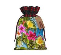 FodPand Christmas Gift Bag with Tags Xmas Gift Wrapping Bags Reusable Drawstring Bags Hawaii Flower Xmas Santa Sack Christmas Party Favor Pouch Small Goody Bag for Holiday Supplies Small