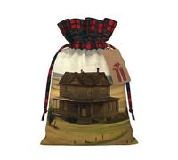 FodPand Christmas Gift Bag with Tags Xmas Gift Wrapping Bags Reusable Drawstring Bags House on the Prairie Xmas Santa Sack Christmas Party Favor Pouch Small Goody Bag for Holiday Supplies Medium