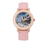 FodPand Christmas Winter Happy Scene Watch for Women Leather Strap Watch | Cute Pink Minimalist Analog Wristwatch, Elegant Casual Dress Watches Fashion Ladies Band Watches for Party Daily Wear & Gift