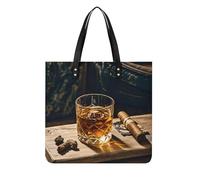 FodPand Cigar & Whiskey Tote Bag for Women Leather Work Shopper Beach Handbag Travel Carryall Shoulder Bag