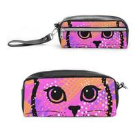 FodPand Colorful Cat Face Pencil Pouch Mini Makeup Bag with Handle - 7.8x3.9x2.1 Inches Durable Waterproof PU Leather, Large Capacity Portable Pencil Case for Office, Travel