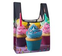FodPand Colorful Happy Birthday Cupcakes Shopping Bags Foldable Grocery Bags Heavy Duty Reusable Tote Bag Large Cute Cloth Gift Bag Washable Storage Pouch for Market Holiday Camping Traveling