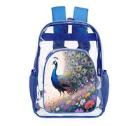 FodPand Colorful Peacock in Flower Sea Clear Mini Backpack Transparent Backpacks PVC See Through Clear Bag for Work Travel, Blue, 43X32.5cm
